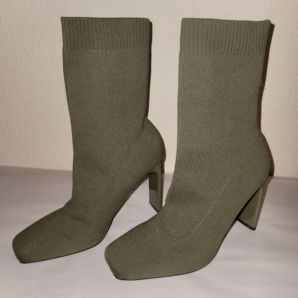 Zara Women's Olive Green Knitted Square Toe Sock Ankle Boots Block Heel Size 36